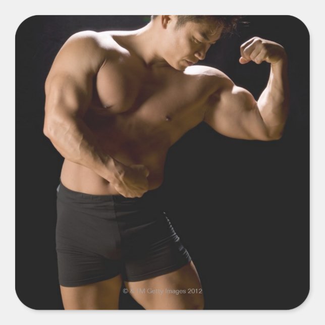 Male bodybuilder flexing muscles, front view, square sticker (Front)