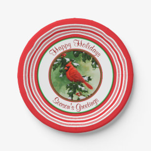 Male Cardinal and Holly Branch Red Paper Plate