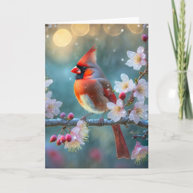 Male Cardinal in the Moonlight Cherry Blossoms Card (Front)