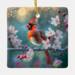 Male Cardinal in the Moonlight Cherry Blossoms Ceramic Ornament
