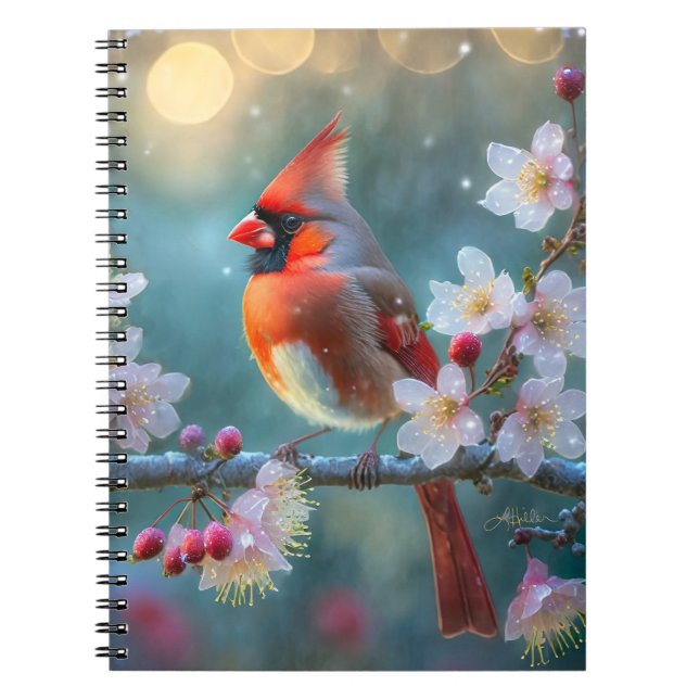 Male Cardinal in the Moonlight Cherry Blossoms Notebook (Front)
