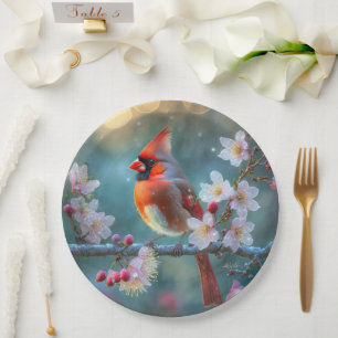 Male Cardinal in the Moonlight Cherry Blossoms Paper Plate