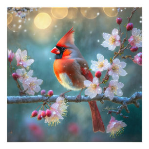 Male Cardinal in the Moonlight Cherry Blossoms Photo Print