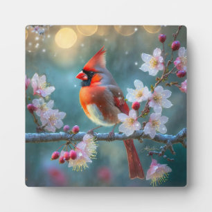 Male Cardinal in the Moonlight Cherry Blossoms Plaque