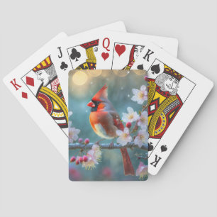 Male Cardinal in the Moonlight Cherry Blossoms Playing Cards