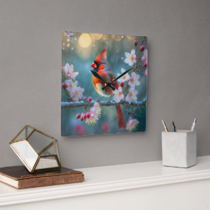 Male Cardinal in the Moonlight Cherry Blossoms Square Wall Clock