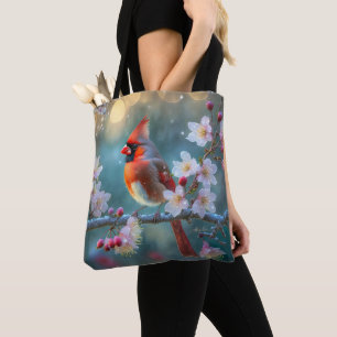 Male Cardinal in the Moonlight Cherry Blossoms Tote Bag