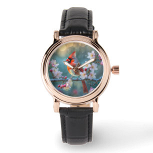 Male Cardinal in the Moonlight Cherry Blossoms Watch