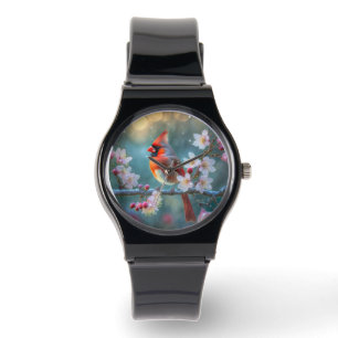 Male Cardinal in the Moonlight Cherry Blossoms Watch