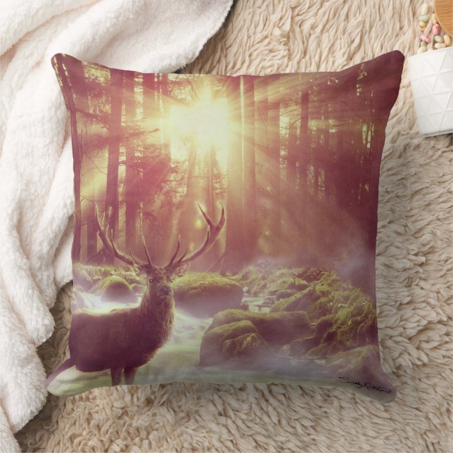 Male Deer in Misty Woods at Sunrise Golden Hour Cushion (Blanket)