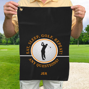 Male Golfer Pro Golf Ball Quote Black Orange       Towel