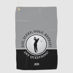Male Golfer Silhouette Golf Ball Quote Black Grey Towel