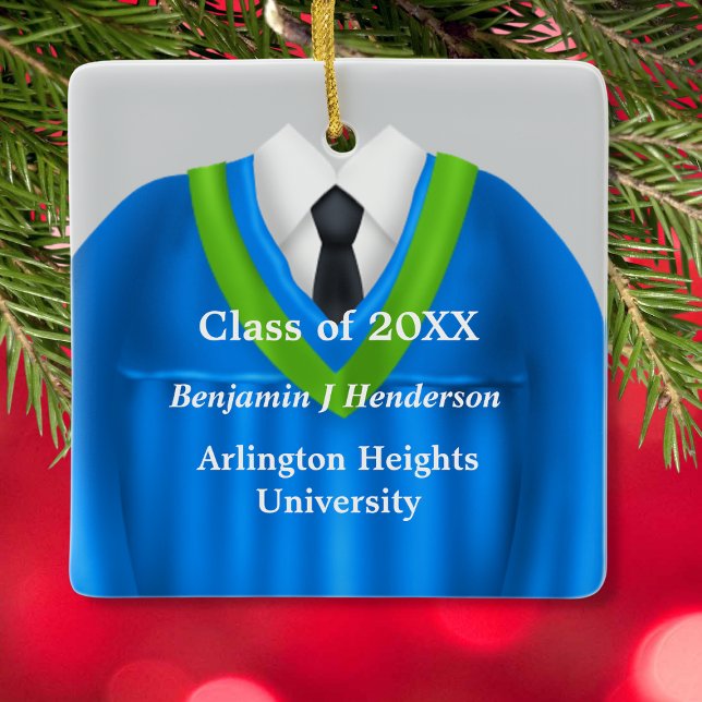 Male Grad Gown Blue and Green Ornament (Creator Uploaded)
