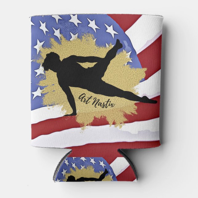 Male Gymnast Silhouette Art - American Flag  Can Cooler (Front)
