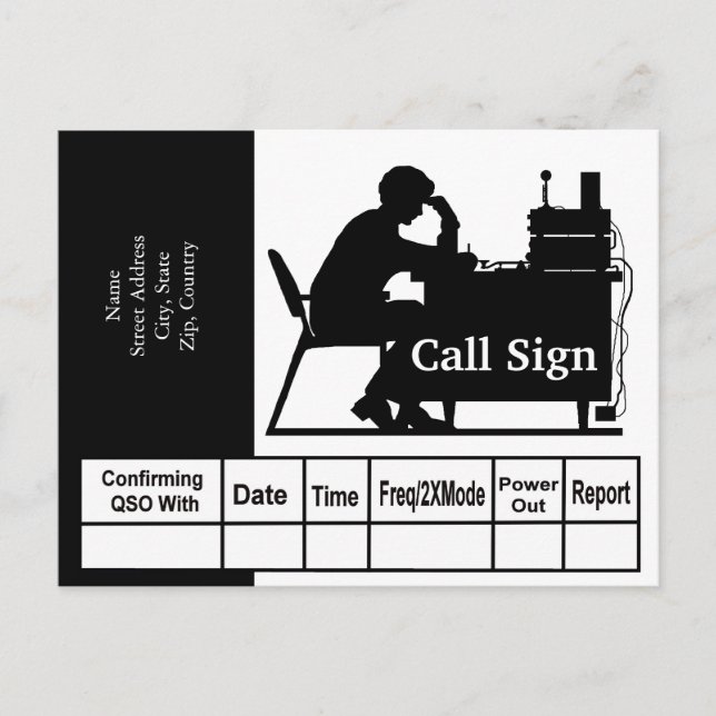 Male Ham Radio Operator Black Silhouette QSL Card (Front)