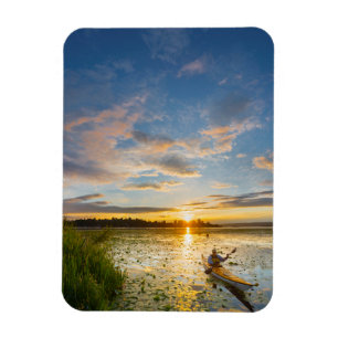 Male kayaker paddling sea kayak on still water magnet
