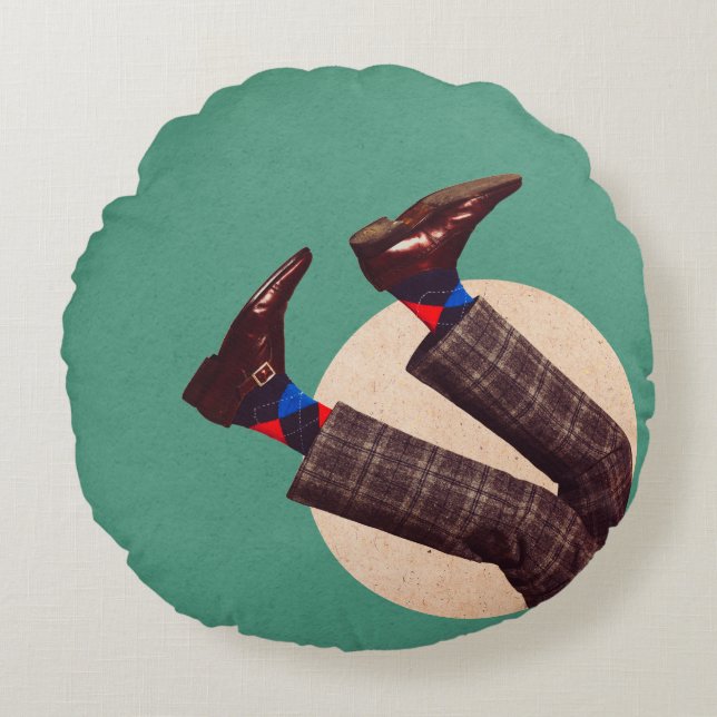 Male legs stacking in round on pastel geometrical  round cushion (Front)