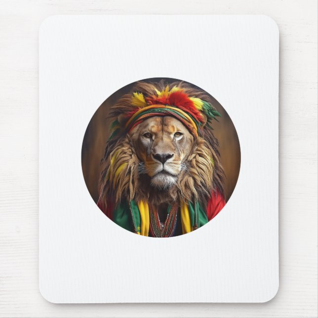 Male Lion Dressed In Rastafarian Outfit Mouse Pad (Front)