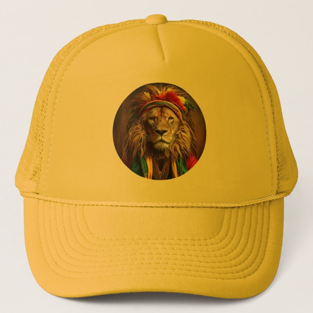 Male Lion Dressed In Rastafarian Outfit  Trucker Hat (Front)