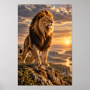 Male Lion on Rocky Overlook at Golden Sunset Wildl Poster