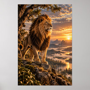Male Lion on Rocky Overlook at Golden Sunset Wildl Poster