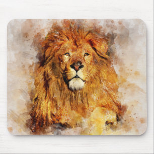 Male Lion With Large Mane Watercolor Portrait Mouse Pad