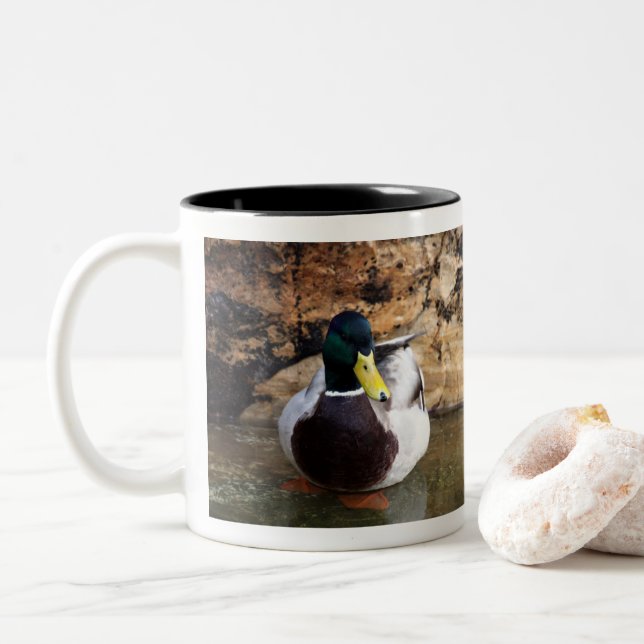 Male Mallard Duck Two-Tone Coffee Mug (With Donut)