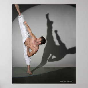 Male martial artist performing kick, studio shot poster