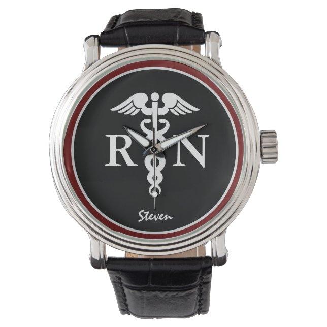 Male Nurse RN Caduceus Modern Black Burgundy Watch (Front)