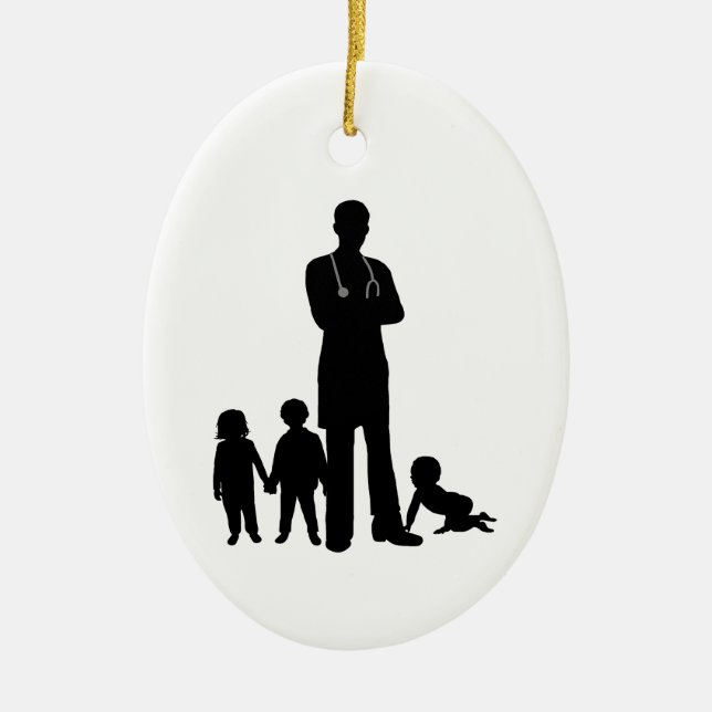 Male Paediatrician Silhouette with Kids Ornament   (Front)