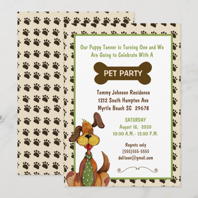Male Pet Birthday Party Invitation (Front/Back)