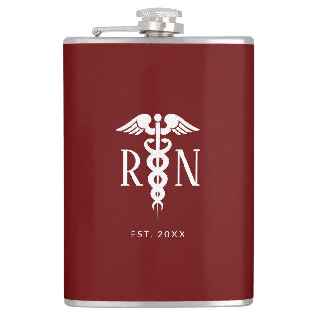 Male Registered Nurse Medical Caduceus Burgundy Hip Flask (Front)