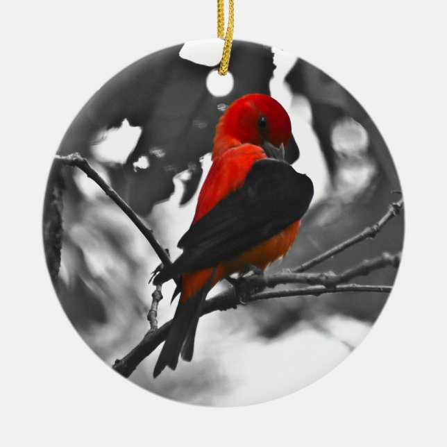 Male Scarlet Tanager Ceramic Tree Decoration (Front)