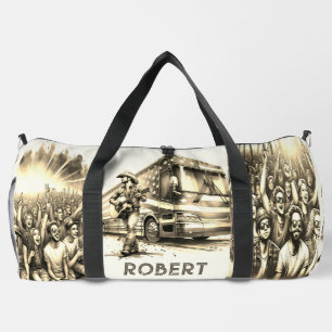 Male Singer With Guitar and Tour Bus Custom Duffle Bag