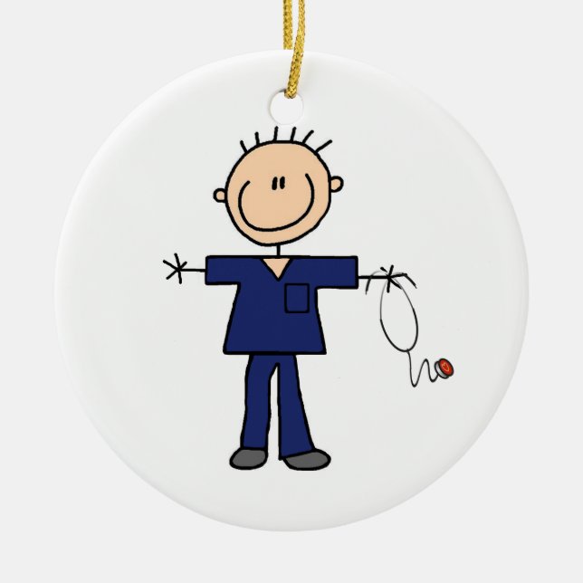 Male Stick Figure Nurse - Blue Ceramic Tree Decoration (Front)
