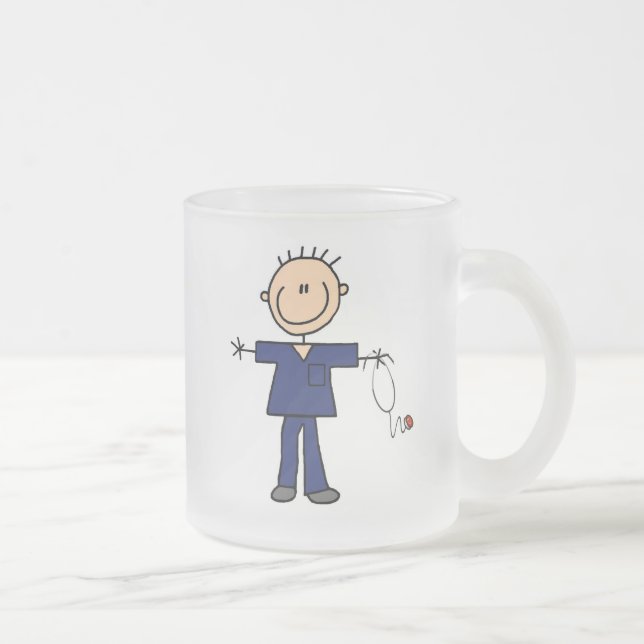 Male Stick Figure Nurse - Blue Frosted Glass Coffee Mug (Right)