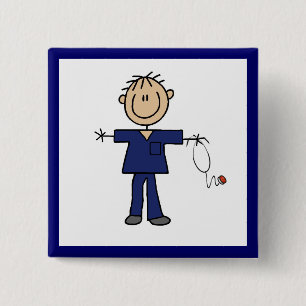 Male Stick Figure Nurse Medium Skin 15 Cm Square Badge