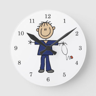 Male Stick Figure Nurse Medium Skin Round Clock