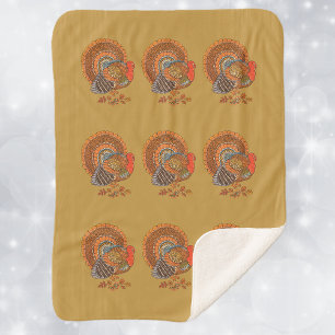 Male Turkey Fanned Tail Autumn Leaves Yellow Sherpa Blanket