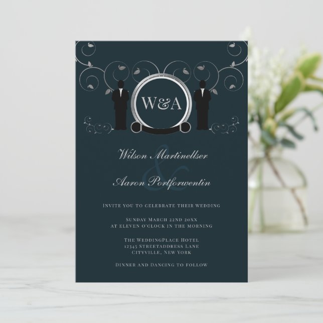 Male Wedding Silver Blue Elegant Monogram LGBTQ Invitation (Standing Front)