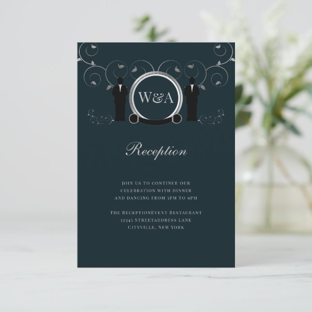 Male Wedding Silver Blue Monogram LGBTQ Reception Enclosure Card (Standing Front)