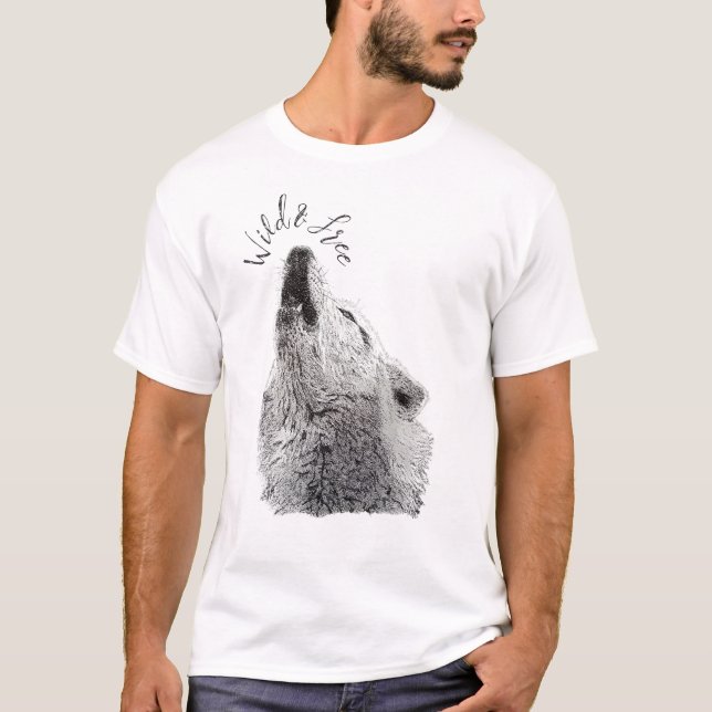 Male Wild & Free Script Howling Wolf Fine Art T-Shirt (Front)