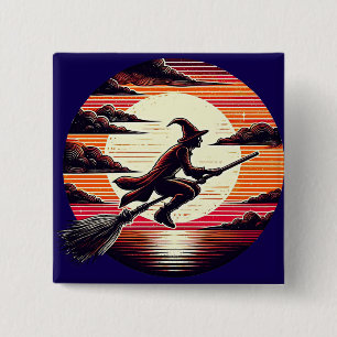 Male Witch riding Broom in sunset art illustration 15 Cm Square Badge