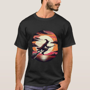 Male Witch riding Broom in sunset art illustration T-Shirt