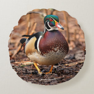 Male Wood Duck in the Woods Round Cushion