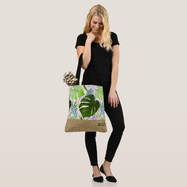 Maleah Monstera Tropical Hawaiian Colorblock-Green Tote Bag (On Model)