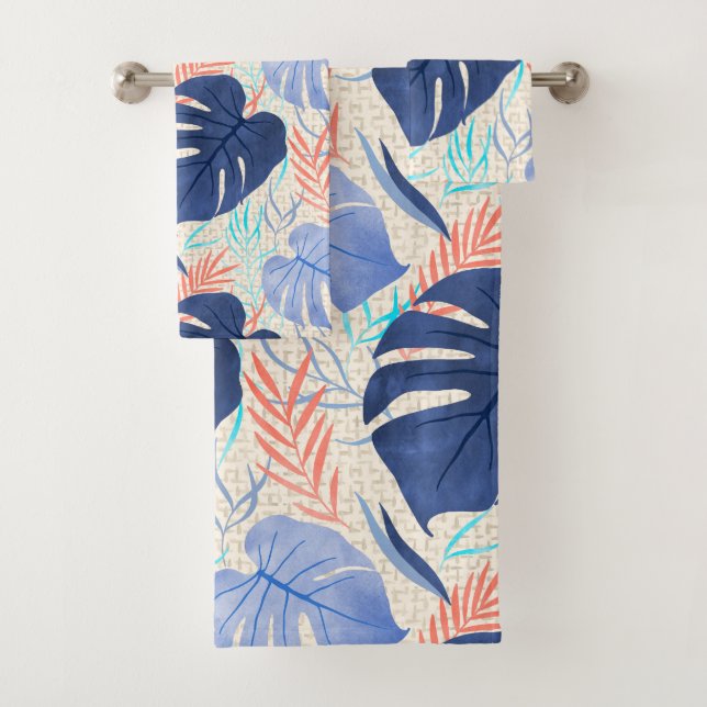 Maleah Monstera Tropical Hawaiian Watercolor- Blue Bath Towel Set (Insitu)