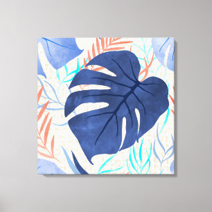 Maleah Monstera Tropical Hawaiian Watercolor- Blue Canvas Print