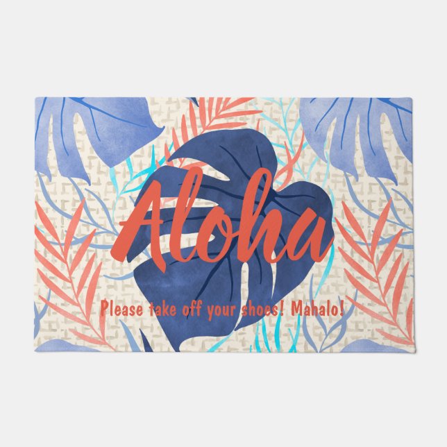 Maleah Monstera Tropical Hawaiian Watercolor- Blue Doormat (Front)