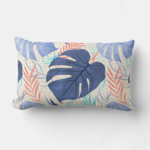 Maleah Monstera Tropical Hawaiian Watercolor- Blue Lumbar Cushion